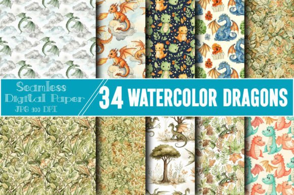 Immerse Yourself in the Magical Realm of Watercolor Dragons Seamless Pattern
